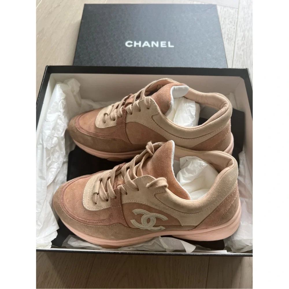 CHANEL Pink & Beige Suede Sneakers